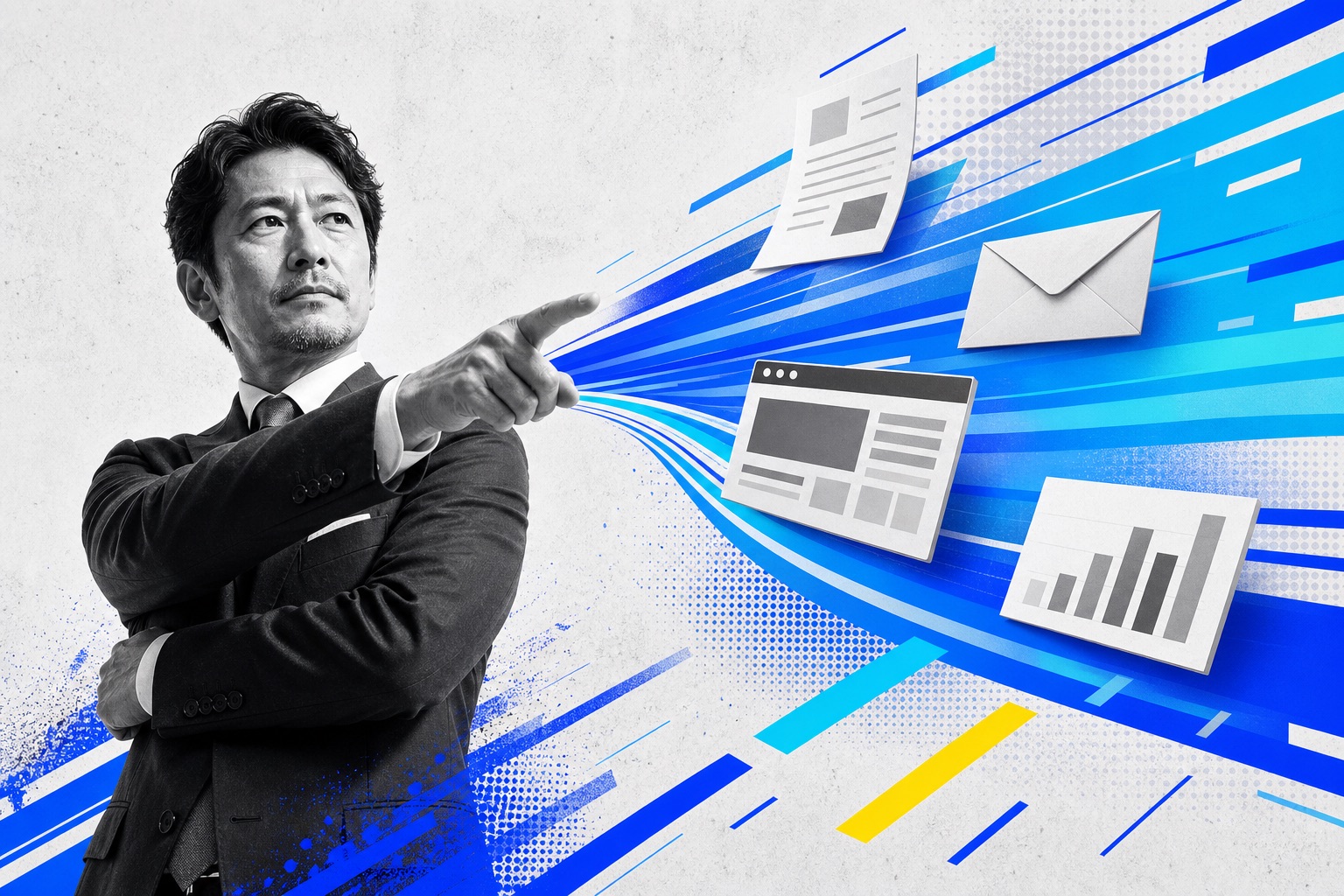 経営者が指さした先へ、光のリボンが仕事を運んでいく